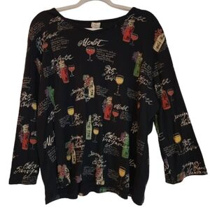 Jess & Jane Black Wine Valley Top Size 2X Embellished Rhinestones 3/4 Sleeves